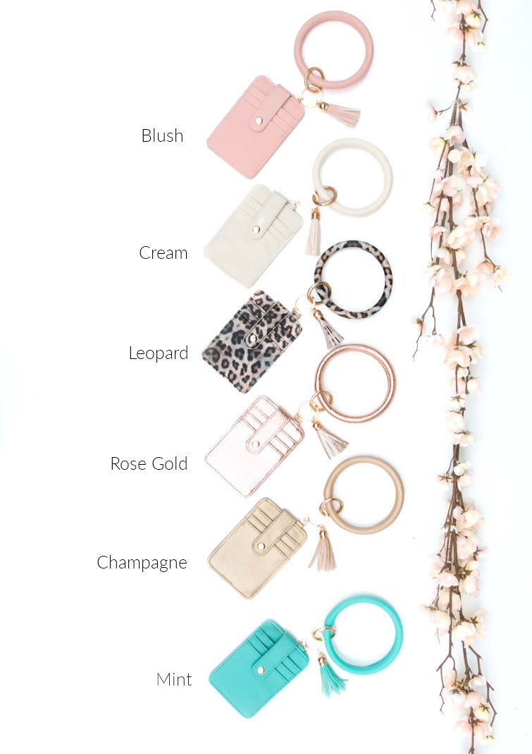 Gold Hardware Key Ring Wristlet Wallet Bracelet with Tassel & 5 Pockets | 4" x 3"