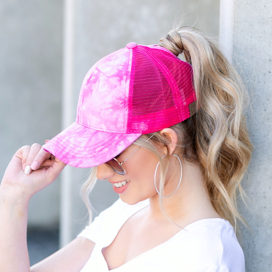 C.C® Cotton Twill Front Mesh Nylon Back Tie Dye Ponytail Messy Bun Ball Cap | One Size Teen–Adult