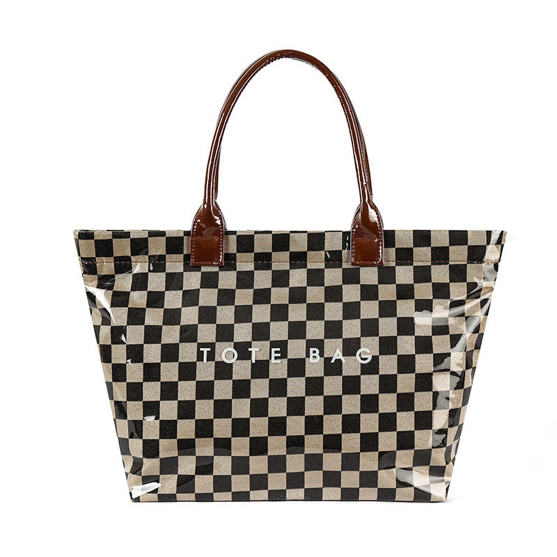 Brooklyn Checkered Tote | Canvas, Vegan Leather & PVC | 12.5 x 5 x 13.5 in; 17 in Top