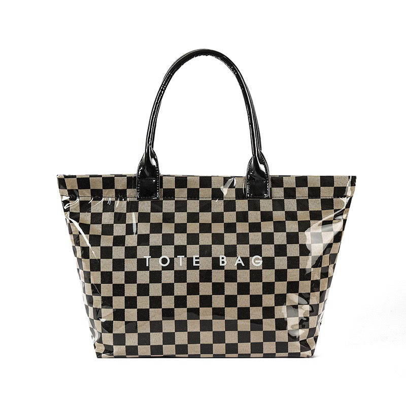 Brooklyn Checkered Tote | Canvas, Vegan Leather & PVC | 12.5 x 5 x 13.5 in; 17 in Top
