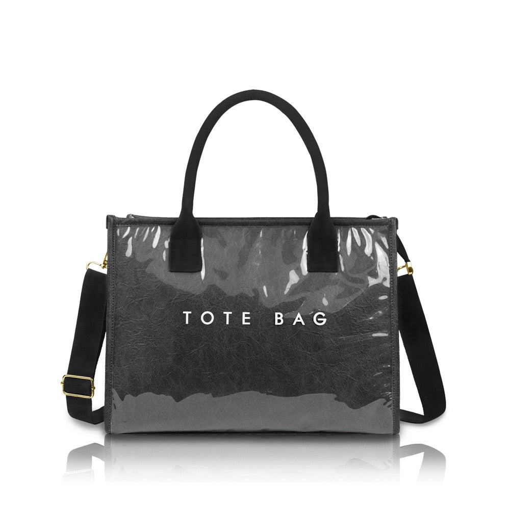 Kate Laminated City Tote | Vegan Leather & PVC, Canvas Handles | 14.5 x 5 x 11 in