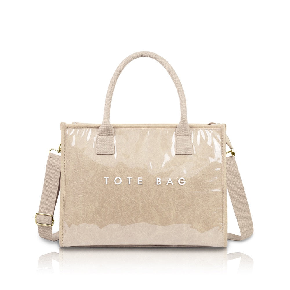 Kate Laminated City Tote | Vegan Leather & PVC, Canvas Handles | 14.5 x 5 x 11 in
