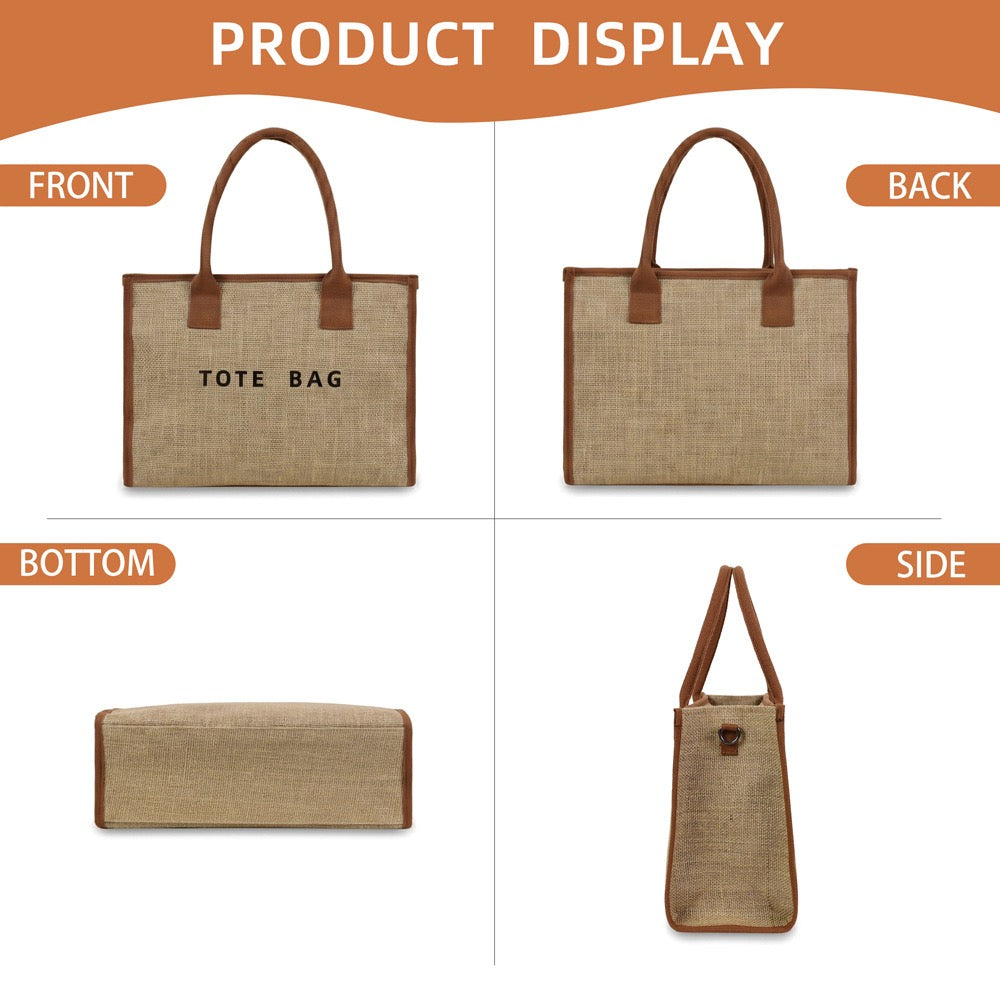 Clare Embroidered Tote | 100% Jute Exterior & Canvas Accents | 10.5 x 5.25 x 14.5 in