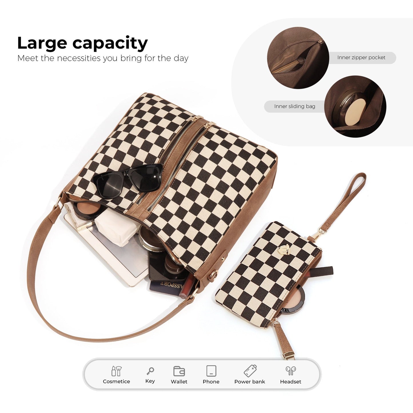 Vanessa Checkered Hobo Bag & Wristlet | Canvas & Vegan Leather | 13.5 L x 5 W x 13 H in