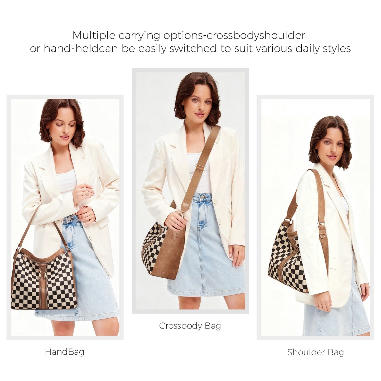 Vanessa Checkered Hobo Bag & Wristlet | Canvas & Vegan Leather | 13.5 L x 5 W x 13 H in