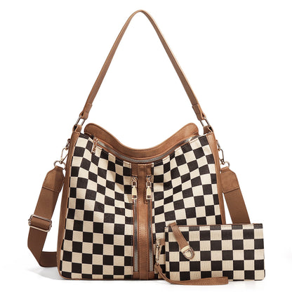 Vanessa Checkered Hobo Bag & Wristlet | Canvas & Vegan Leather | 13.5 L x 5 W x 13 H in