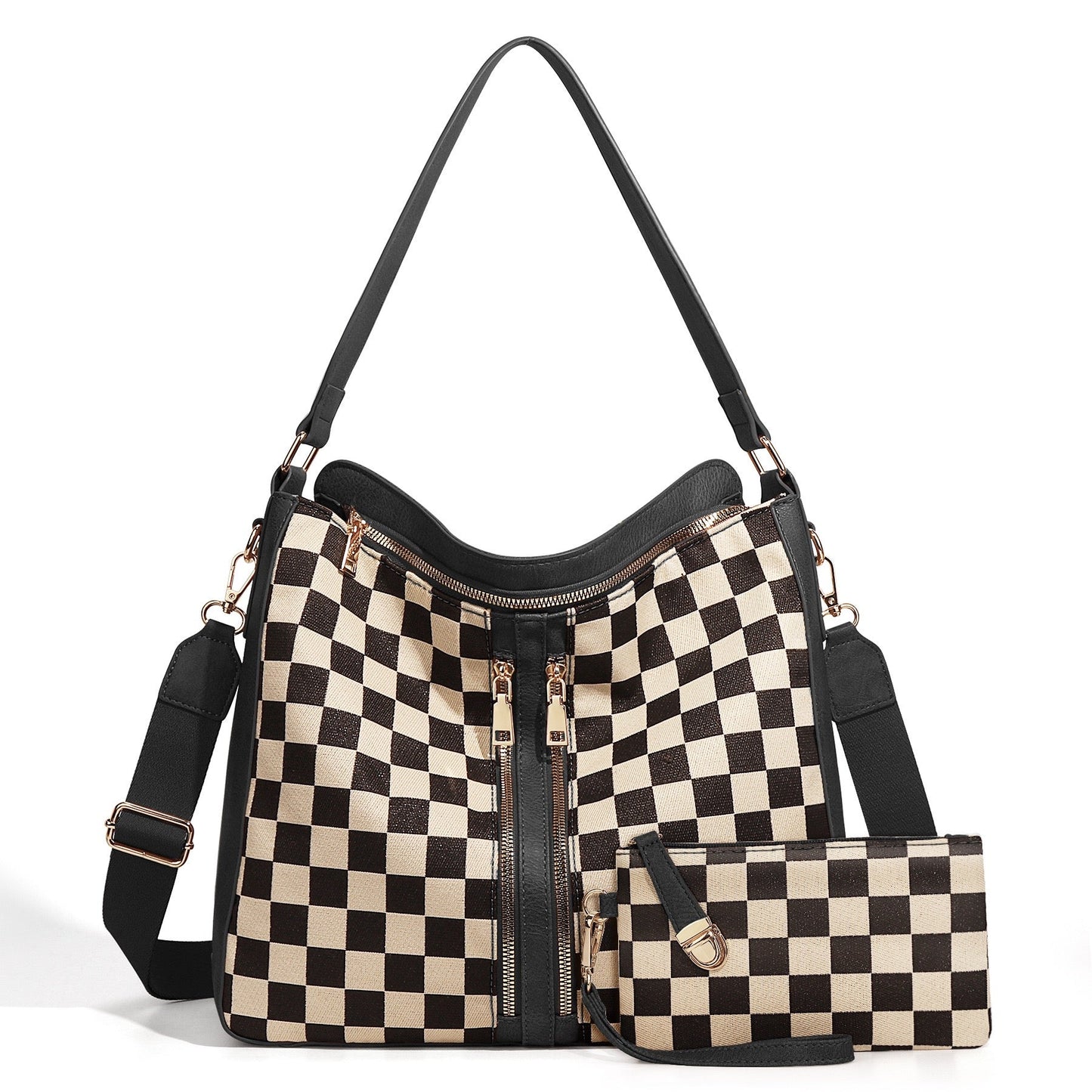 Vanessa Checkered Hobo Bag & Wristlet | Canvas & Vegan Leather | 13.5 L x 5 W x 13 H in