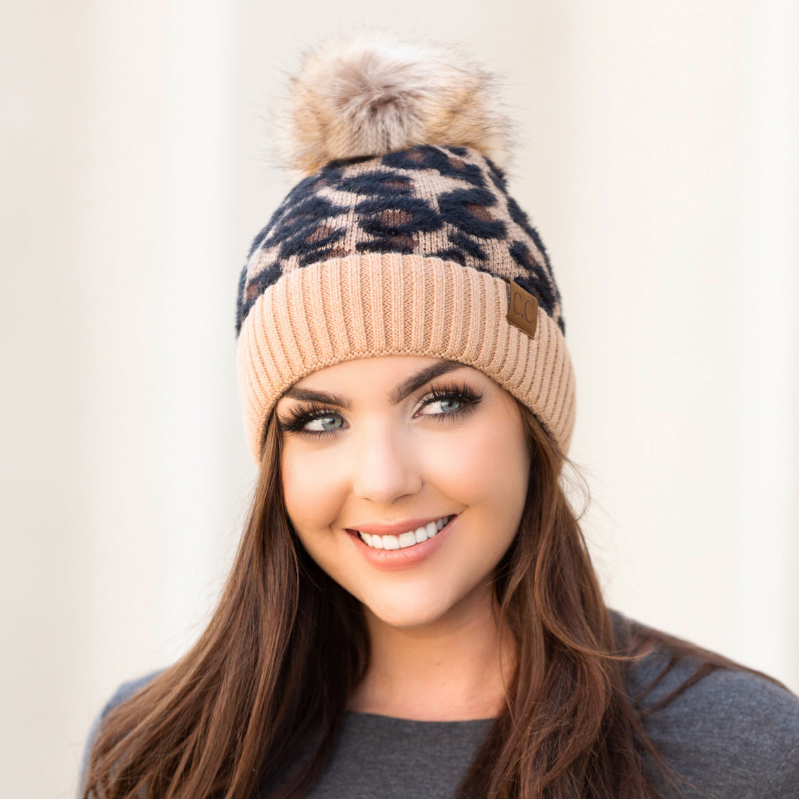 C.C® 100% Premium Acrylic Cashmere-Like Leopard Print Faux Fur Pom Beanie | One Size Teen–Adult