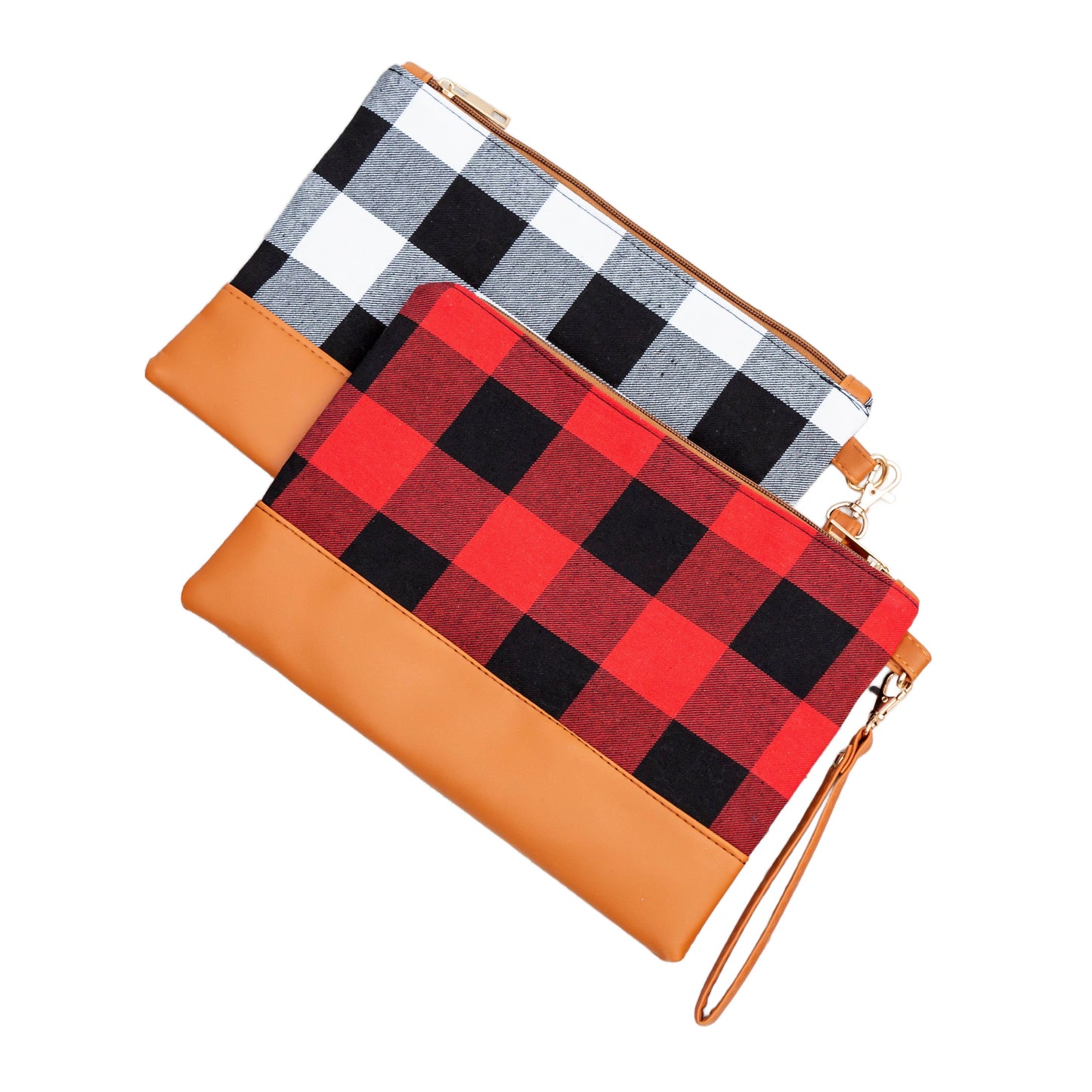 Cotton Buffalo Plaid PU Leather Trim Removable Wristlet Zip Pocket Clutch | 7.5" x 10.5"