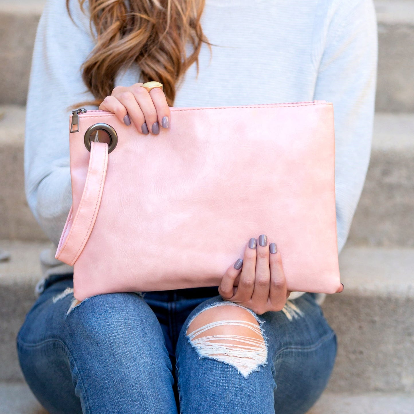 Soft Vegan PU Leather 100% Polyester Lined Grommet Detail Oversized Wristlet Clutch | 12" x 8"