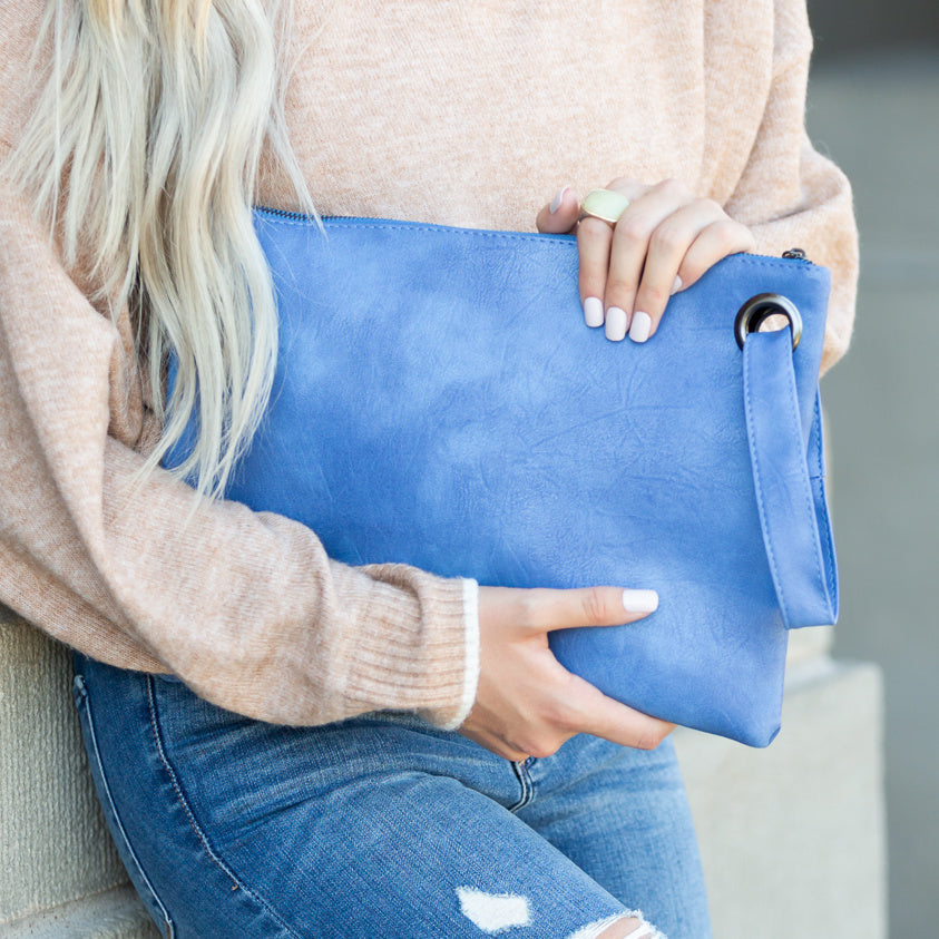 Soft Vegan PU Leather 100% Polyester Lined Grommet Detail Oversized Wristlet Clutch | 12" x 8"