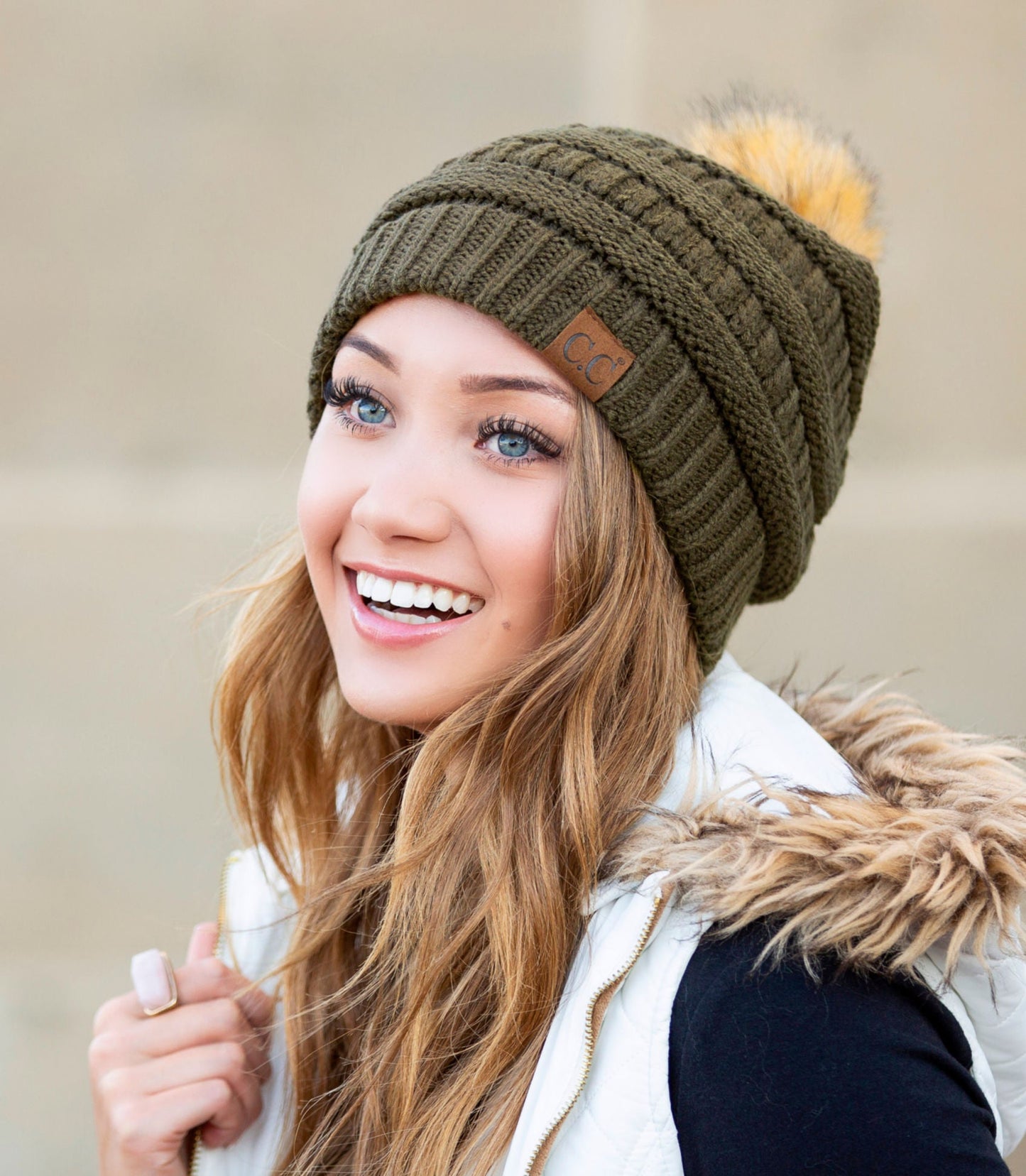 C.C® Soft Acrylic Knit Faux Fur Pom-Pom Beanie | One Size Child–Adult (Age 4+)