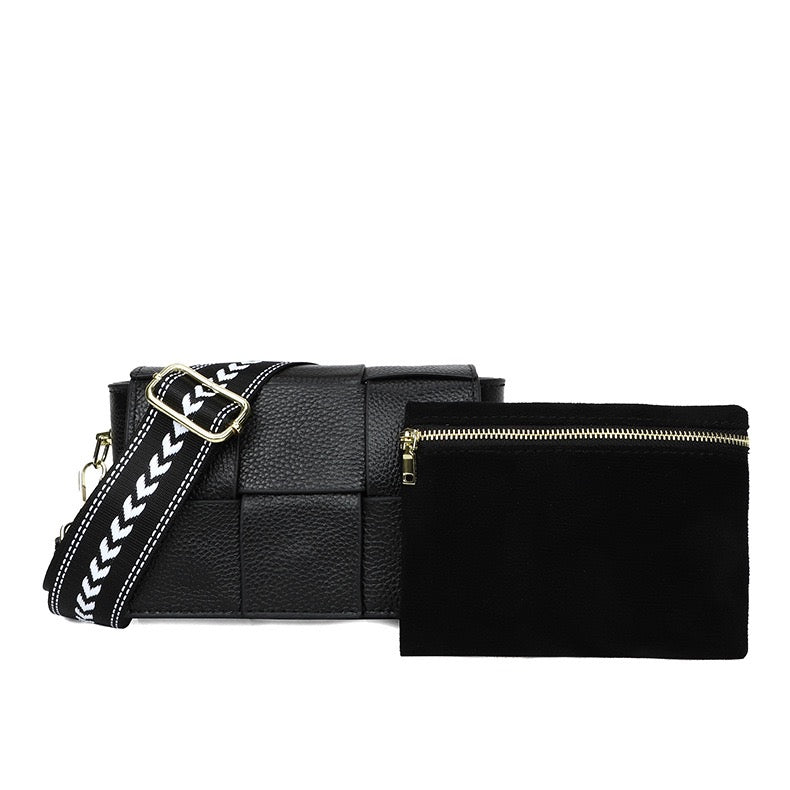 Margot Genuine Leather Cross Weave Fold-Over Crossbody Bag with Suede Pouch