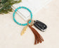 Genuine Stone Bead Suede Tassel Antique Gold Feather Charm Boho Key Ring Bracelet | 4"