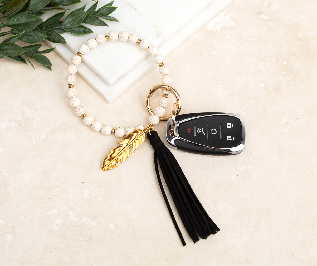 Genuine Stone Bead Suede Tassel Antique Gold Feather Charm Boho Key Ring Bracelet | 4"