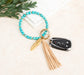 Genuine Stone Bead Suede Tassel Antique Gold Feather Charm Boho Key Ring Bracelet | 4"