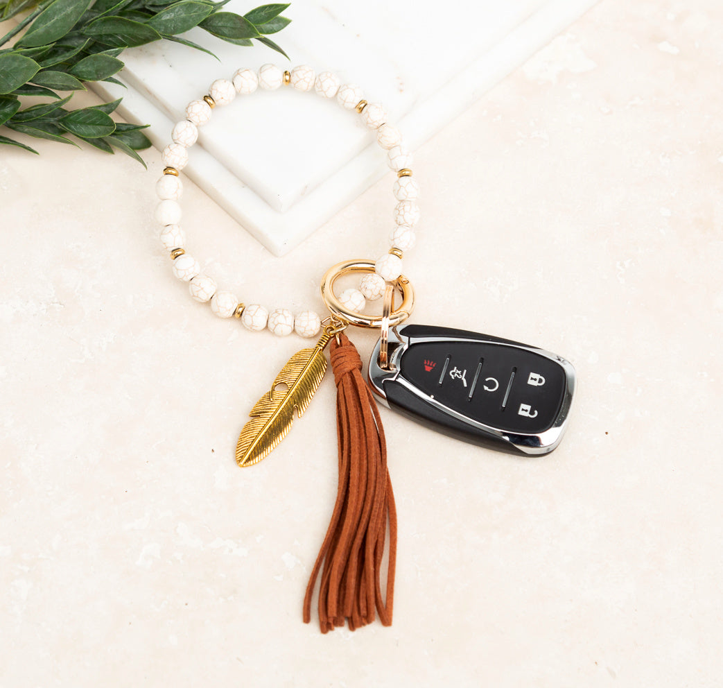 Genuine Stone Bead Suede Tassel Antique Gold Feather Charm Boho Key Ring Bracelet | 4"