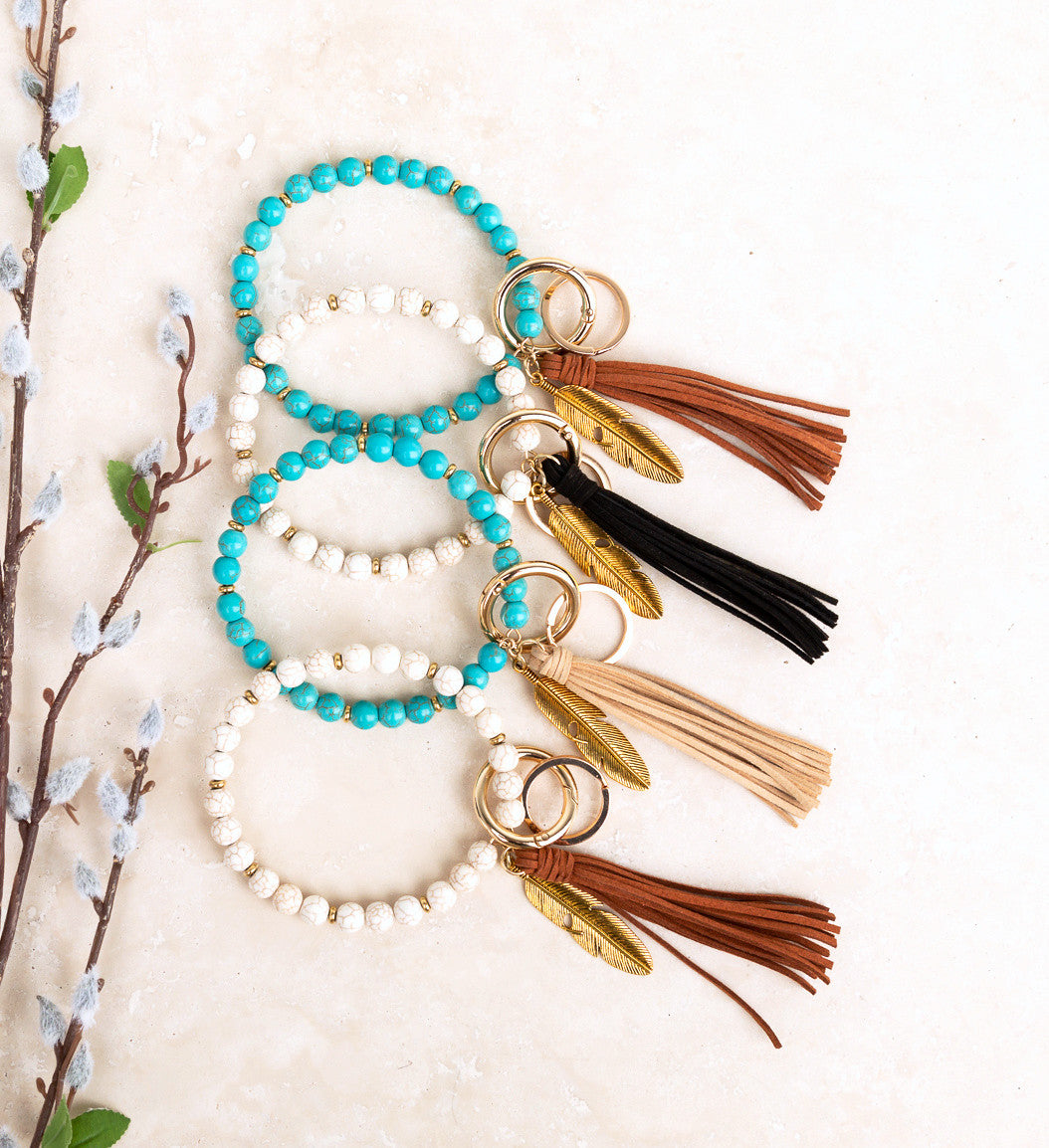 Genuine Stone Bead Suede Tassel Antique Gold Feather Charm Boho Key Ring Bracelet | 4"