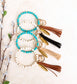 Genuine Stone Bead Suede Tassel Antique Gold Feather Charm Boho Key Ring Bracelet | 4"