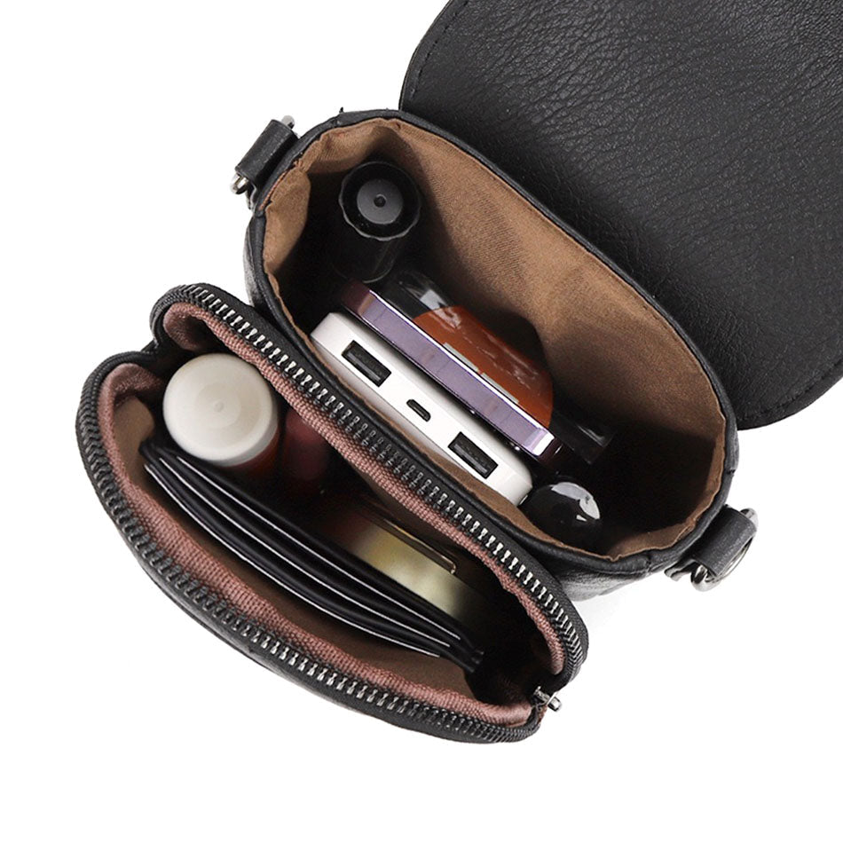 Whitney Vegan PU Leather Foldover Compact Crossbody Bag with Guitar Strap & Card Slots | Black, Cognac, Stone