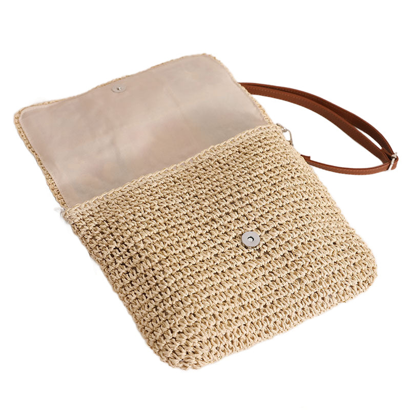 Sylvie Foldover Crochet Woven Straw Crossbody Bag with Vegan Leather Strap & Magnetic Clasp | Khaki, Straw