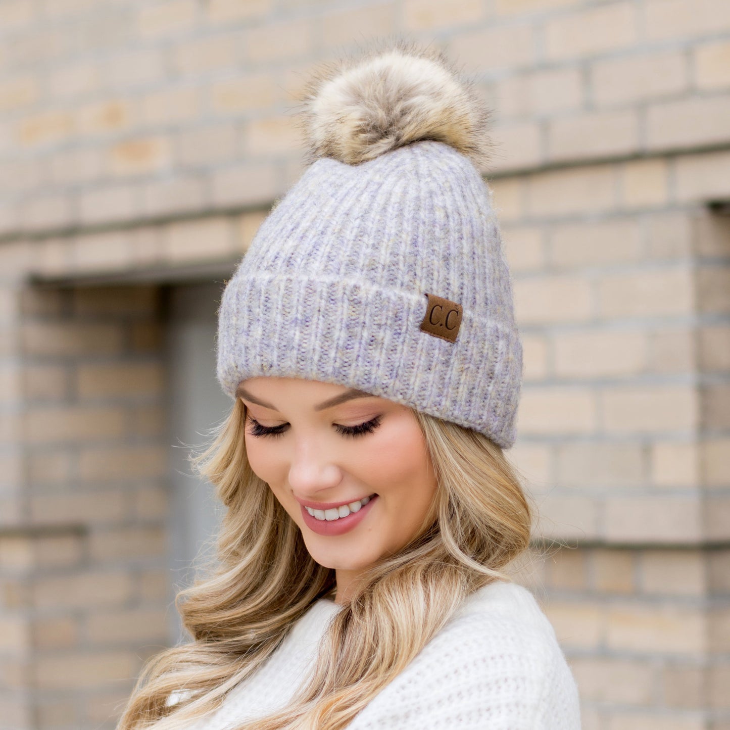 C.C® Acrylic Nylon Cozy Marled Knit Faux Fur Pom Beanie | One Size