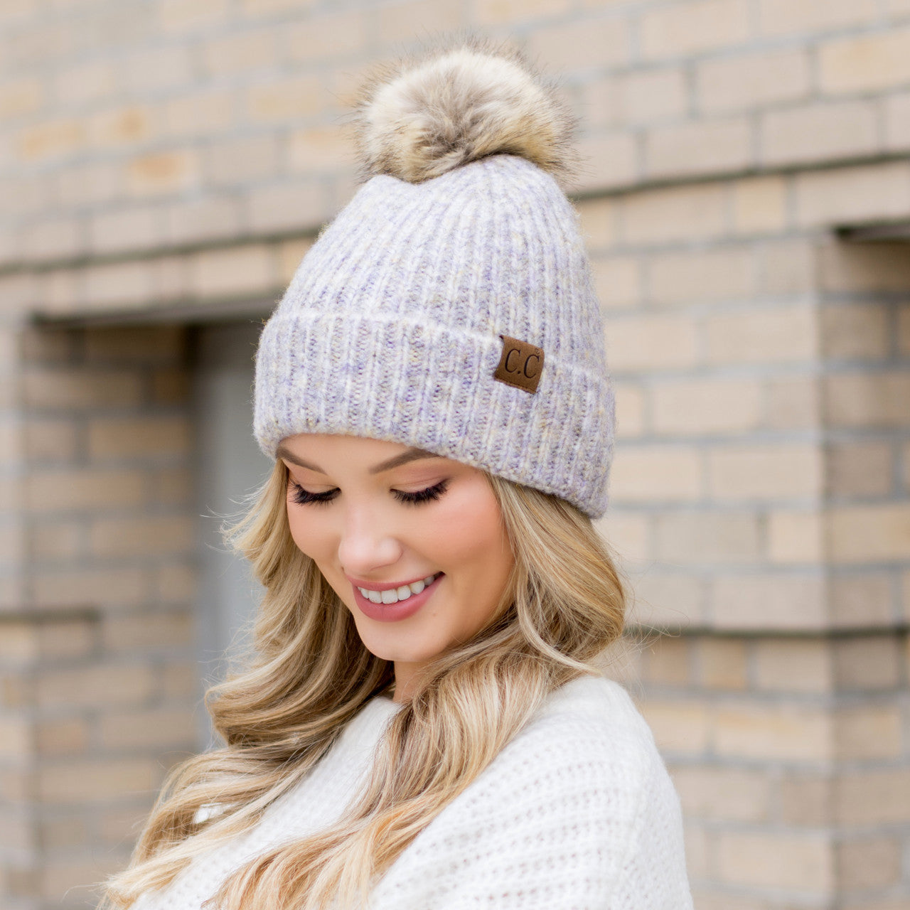 C.C® Acrylic Nylon Cozy Marled Knit Faux Fur Pom Beanie | One Size