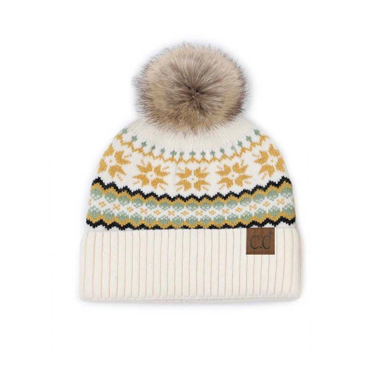 C.C® Rayon Nylon Nordic Fair Isle Faux Fur Pom Beanie Hat | One Size