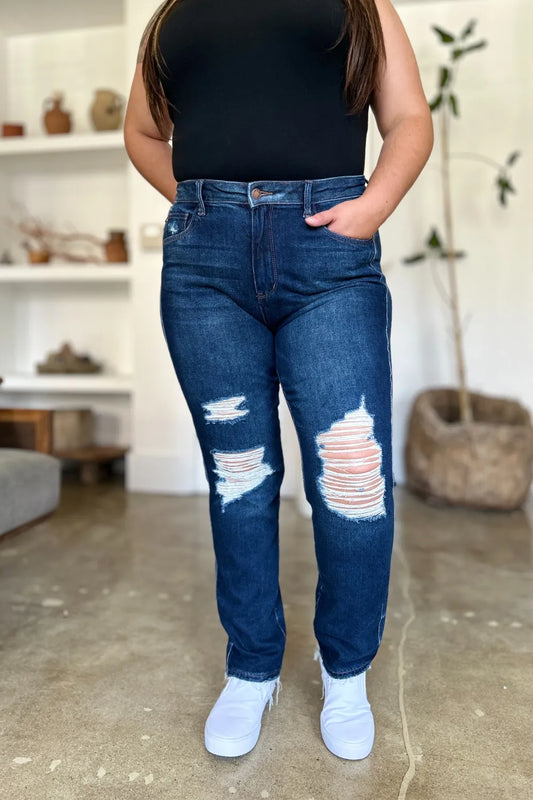 Judy Blue Full Size High Waist Rigid Magic Heavy Destroy Straight Jeans Cotton Polyester Spandex Sizes 0-15