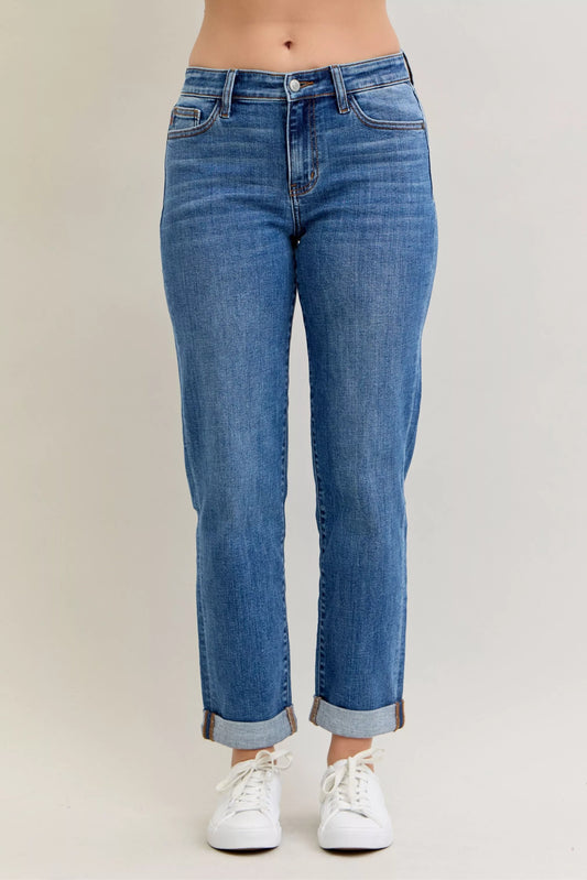 Judy Blue Full Size Mid Rise BF Classic Cuffed Jeans Plus Size Cotton Polyester Spandex Sizes 0-24W