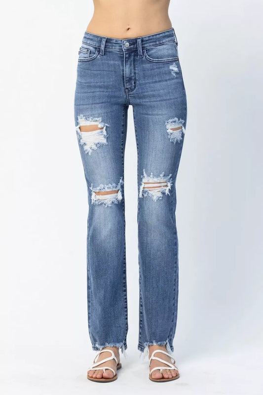 Judy Blue Full Size Mid Rise Destroy Straight Jeans Plus Size Cotton Polyester Spandex Sizes 0-15