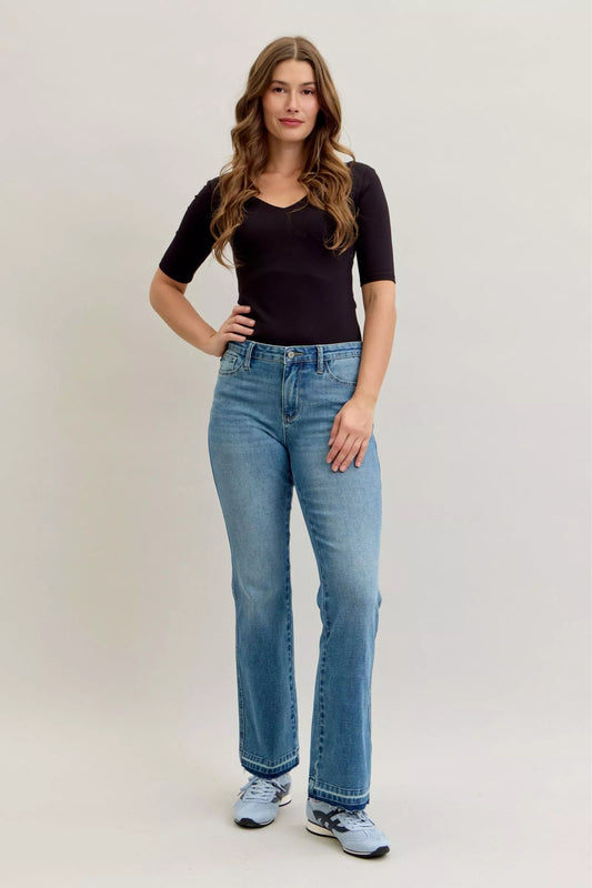 Judy Blue Full Size Mid Rise Slim Bootcut Tummy Control Release Hem Jeans Plus Size Cotton Polyester Spandex Sizes 0-15