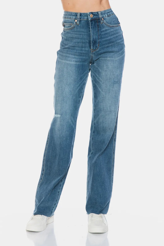 Judy Blue Full Size Tummy Control Cut Raw Hem Straight  Plus Size Jeans Cotton Spandex Sizes 0-24W