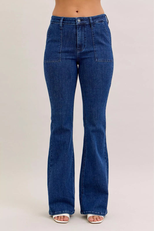 Judy Blue High Waist Flare Jeans with Front Patch Pockets Cotton Polyester Spandex Sizes 0-15