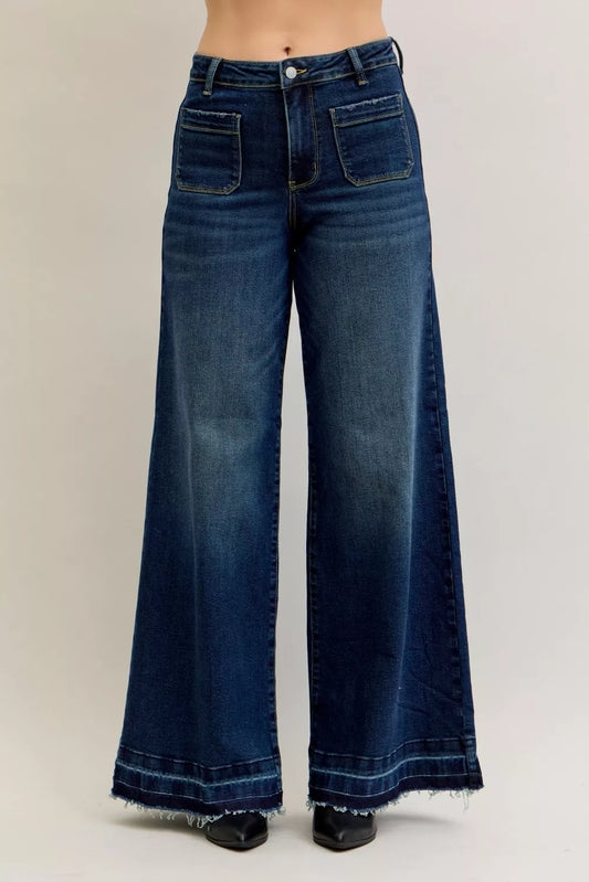 Judy Blue High Waist Palazzo Jeans with Front Patch Pockets Cotton Polyester Spandex Sizes 0-15