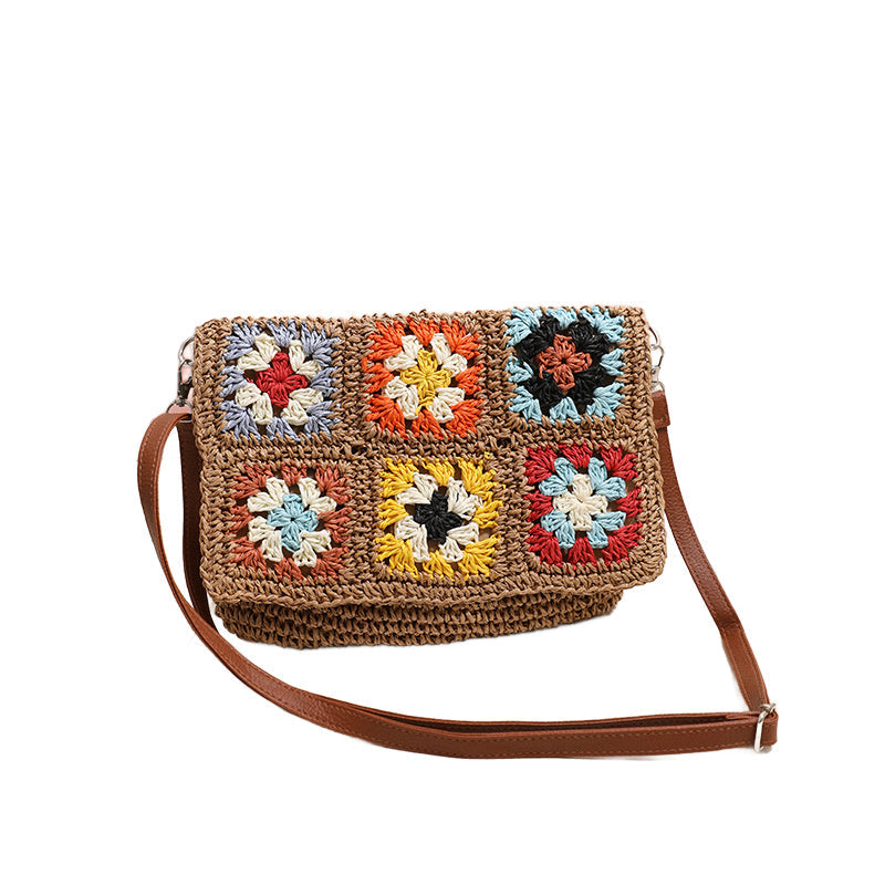 Sylvie Foldover Crochet Woven Straw Crossbody Bag with Vegan Leather Strap & Magnetic Clasp | Khaki, Straw