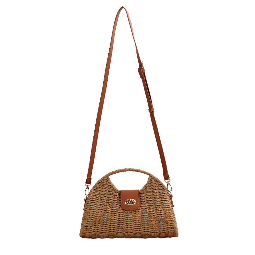 Stella Woven Straw & Vegan Leather Top Handle Crossbody Bag