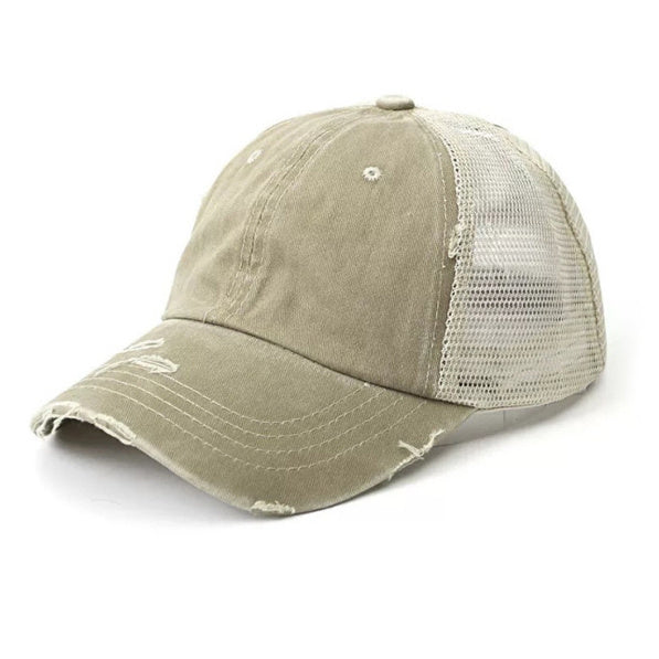 Distressed Cotton Twill Mesh Nylon Messy Bun Ponytail Ball Cap | One Size