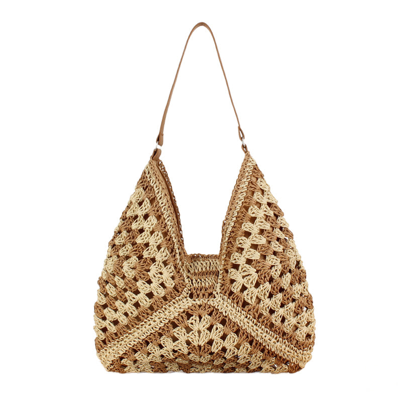 Dahlia Woven Straw Shoulder Bag with Vegan Leather Strap & Magnetic Clasp | Black Multi, Khaki, Khaki Multi, Straw