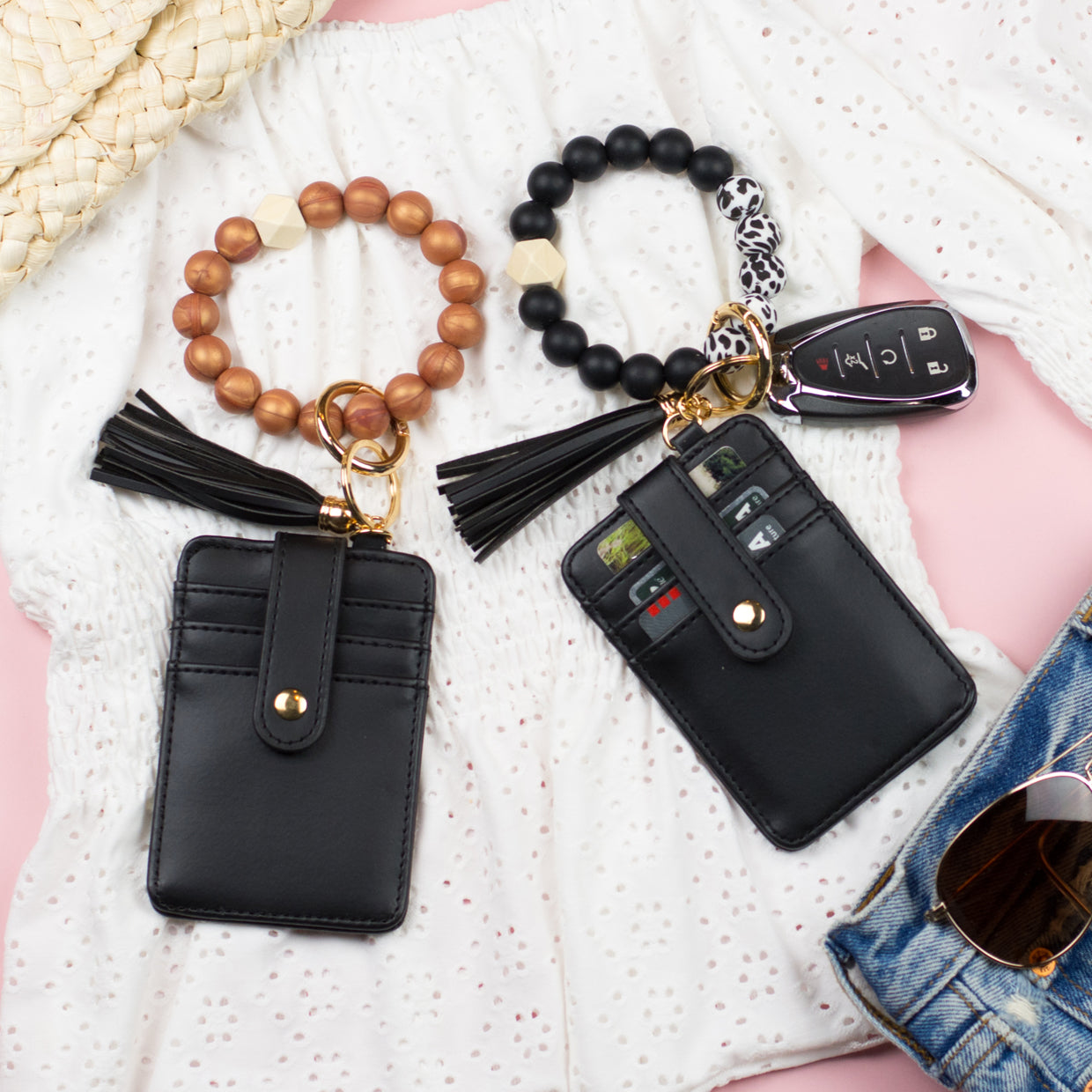 Luxe Silicone Bead Geo Wood Accent Gold Hardware Button Snap Key Ring Wallet Bracelet with Tassel | 4" x 3"