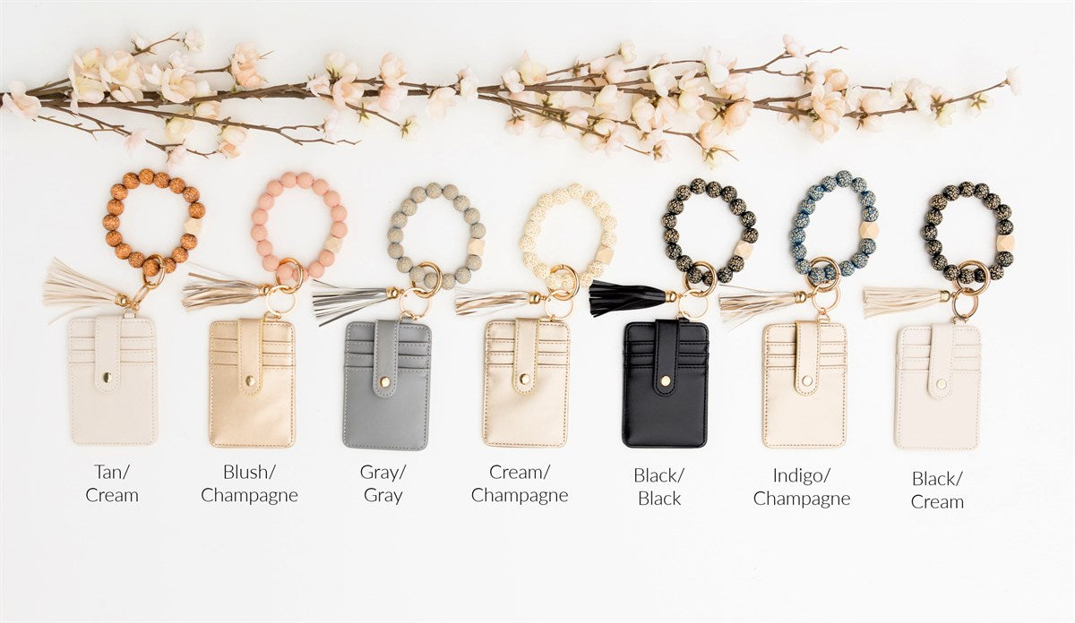 Laser-Cut Wooden Bead Natural Leopard Design Gold Hardware Key Ring Wallet Bracelet with Tassel | 4" x 3"