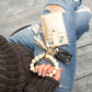 Laser-Cut Wooden Bead Natural Leopard Design Gold Hardware Key Ring Wallet Bracelet with Tassel | 4" x 3"