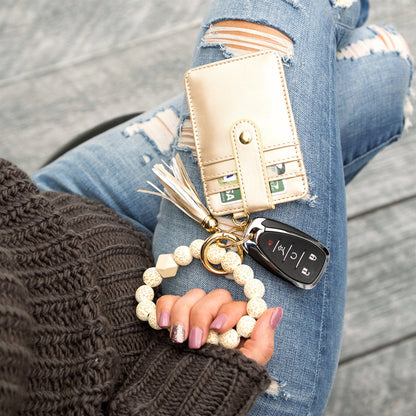 Laser-Cut Wooden Bead Natural Leopard Design Gold Hardware Key Ring Wallet Bracelet with Tassel | 4" x 3"