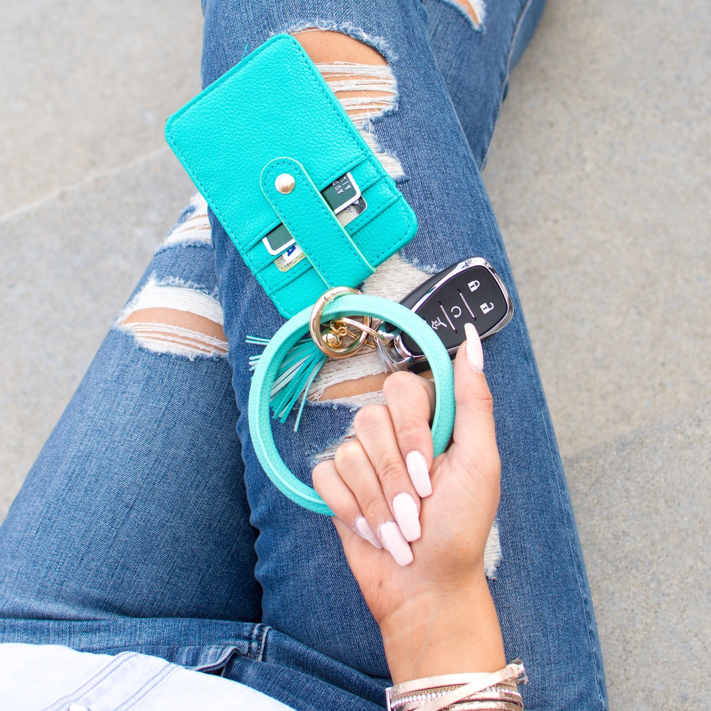Gold Hardware Key Ring Wristlet Wallet Bracelet with Tassel & 5 Pockets | 4" x 3"