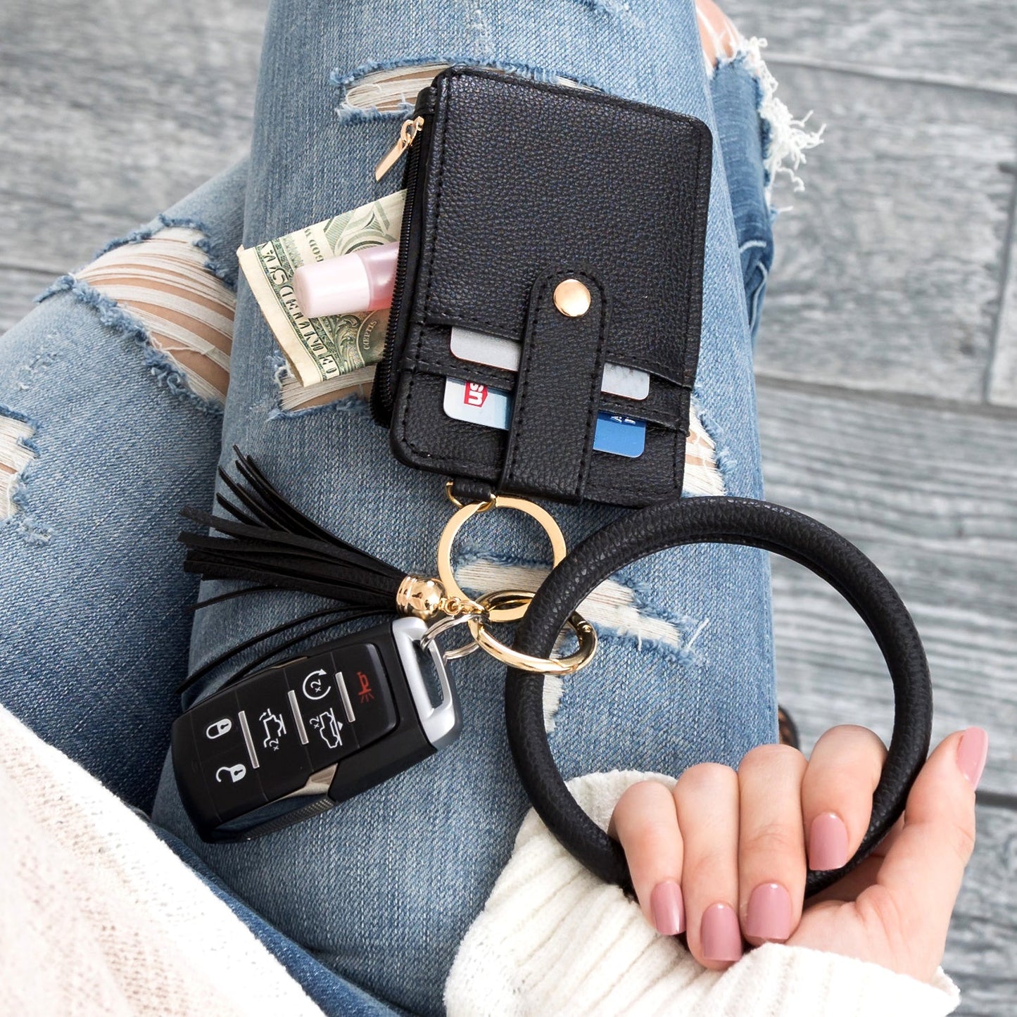 Gold Hardware Key Ring ID Wallet Zip Bracelet with Hidden Zipper Pocket & Tassel | 4" x 3"