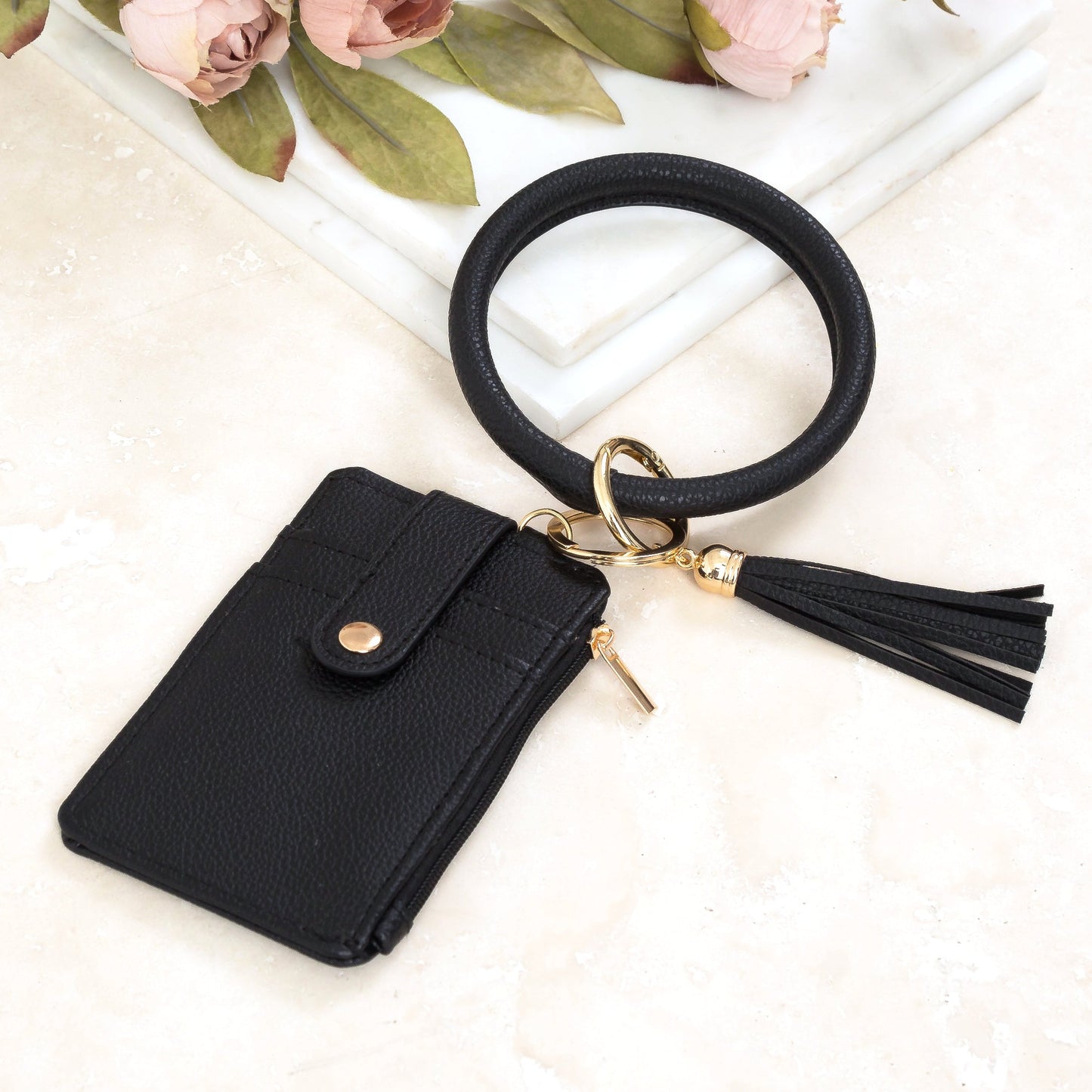 Gold Hardware Key Ring ID Wallet Zip Bracelet with Hidden Zipper Pocket & Tassel | 4" x 3"