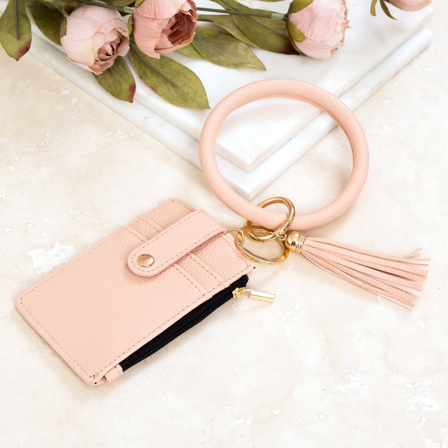 Gold Hardware Key Ring ID Wallet Zip Bracelet with Hidden Zipper Pocket & Tassel | 4" x 3"