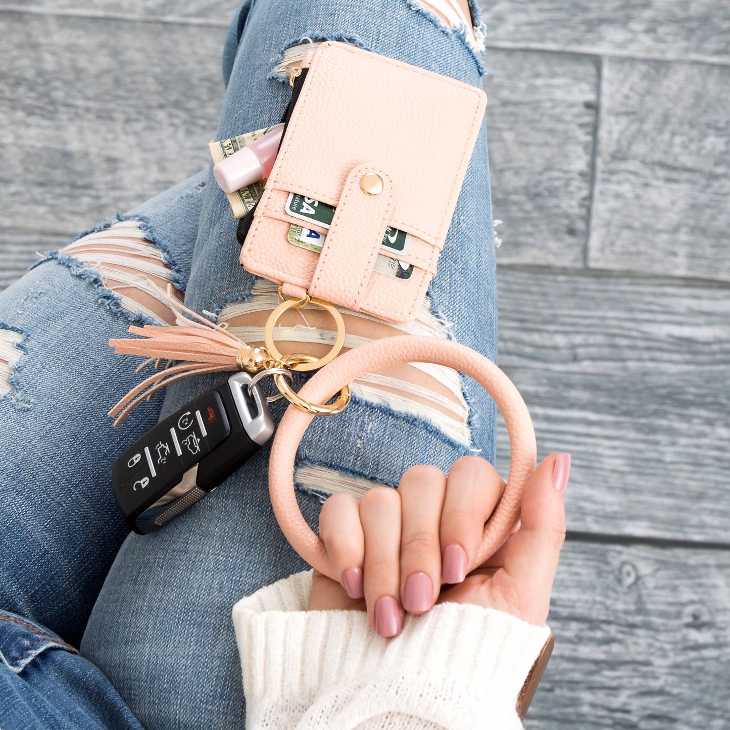 Gold Hardware Key Ring ID Wallet Zip Bracelet with Hidden Zipper Pocket & Tassel | 4" x 3"