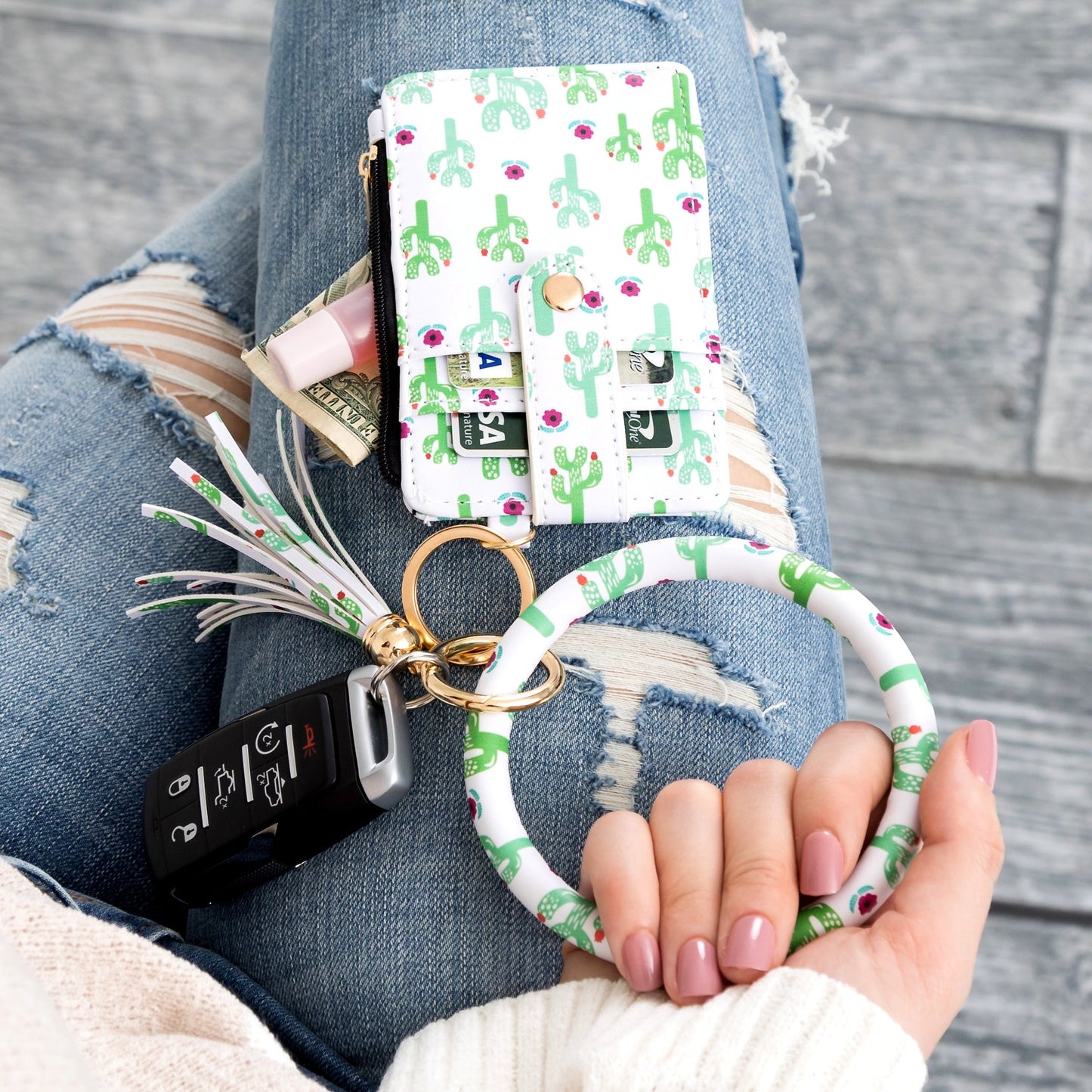 Gold Hardware Key Ring ID Wallet Zip Bracelet with Hidden Zipper Pocket & Tassel | 4" x 3"