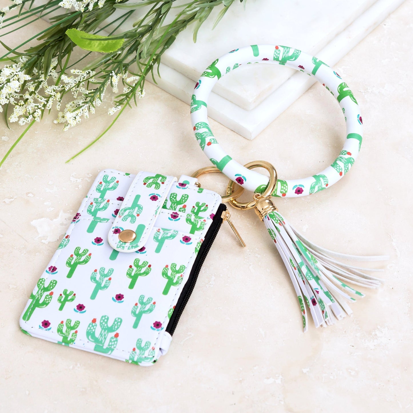 Gold Hardware Key Ring ID Wallet Zip Bracelet with Hidden Zipper Pocket & Tassel | 4" x 3"